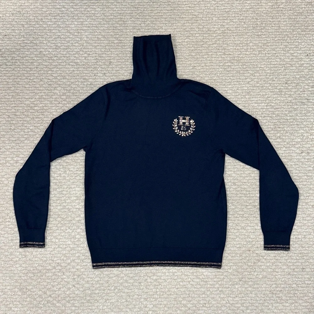 TOMMY HILFIGER Turtleneck Womens Size L Navy Blue Embellished Pull Over Sweater